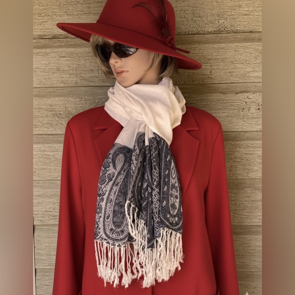 100% Cashmere Pashmina White Grey Paisley Scarf/Wrap